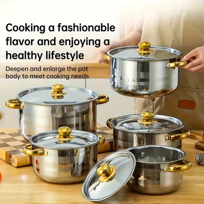 Stainless Steel Cookware Set 10 12 15 Piece Pots with Lids Double Handles Cooking Pot Set for Soup Hot Pot Noodles Pasta Home and Restaurant Kitchen Multiple Colors and Sizes Available