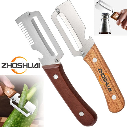 Two-Piece Zhoshuai Vegetable Peeler Set with Wood Handles, Scallion Comb and Bottle-Opening Cutout