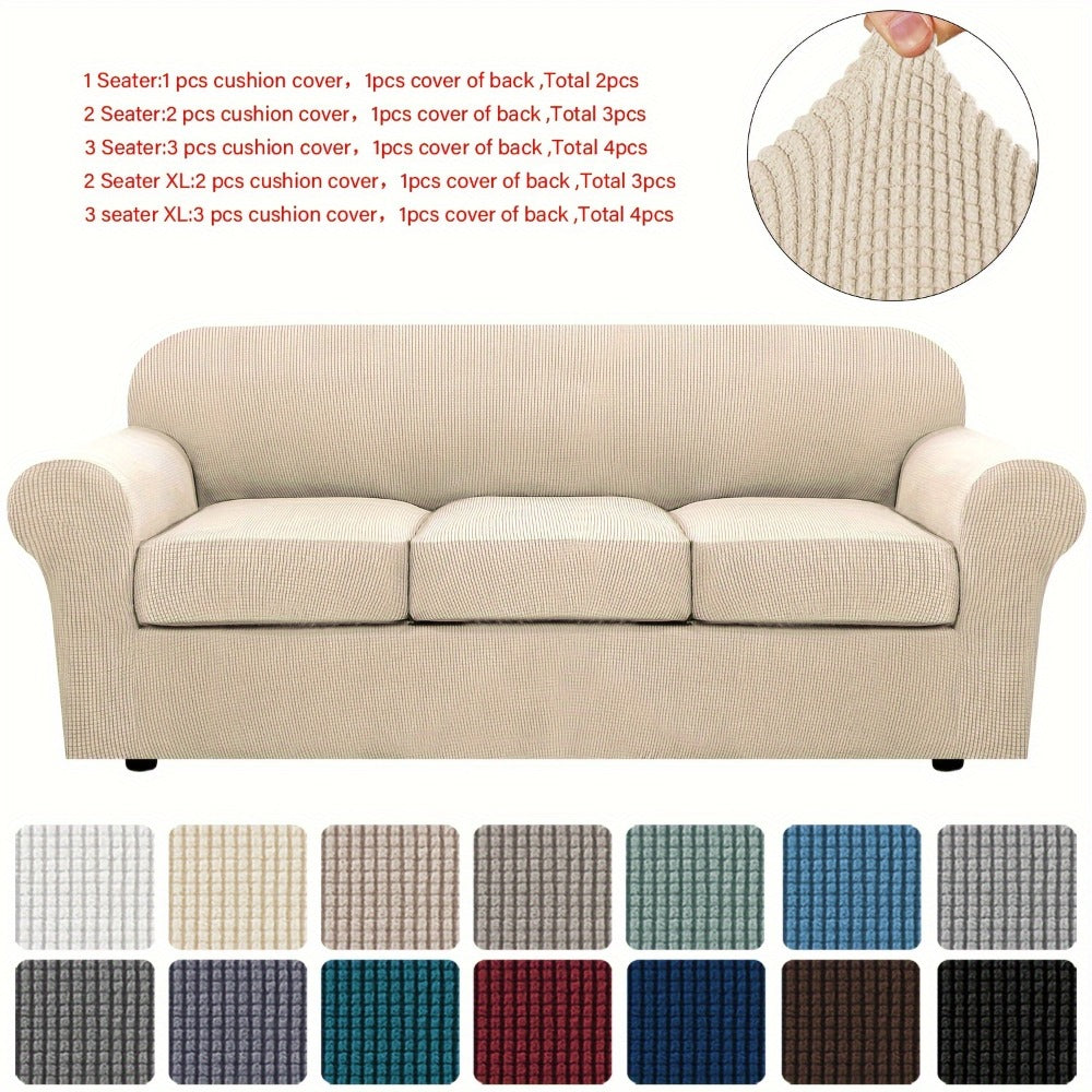 Sofa Cover Grid Jacquard Elastic Full-Cover Slipcover with Anti-Slip Fit for 1 to 3 Seats and XL Sofas