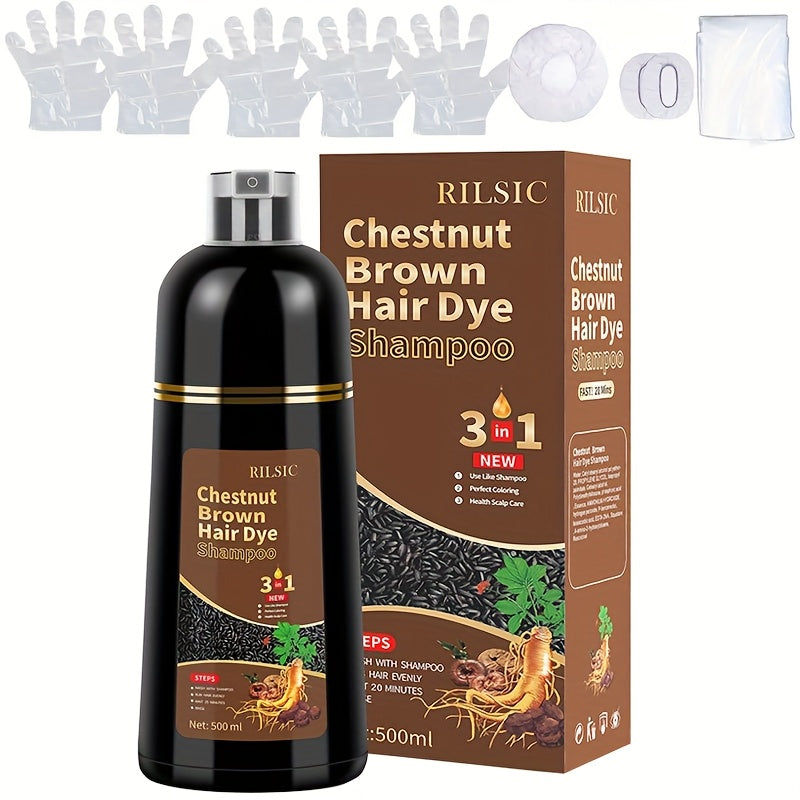 Grey Hair Dye Shampoo 3-in-1 Natural Plant-Based Herbal Formula — Non-Stick Scalp, Covers White Hair in Minutes, 500ml — Black, Dark Brown, Chestnut Brown for Men & Women
