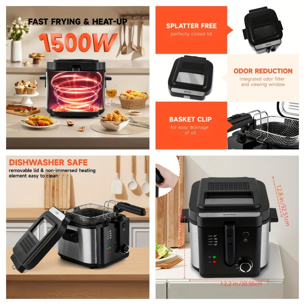 Deep Fryer with Basket 1500W | Adjustable Temperature, Removable Lid & Non-Stick Interior Pot, Viewing Window, Dishwasher-Safe Basket for Home Electric Frying – 1.5L & 2.5L Options, Black