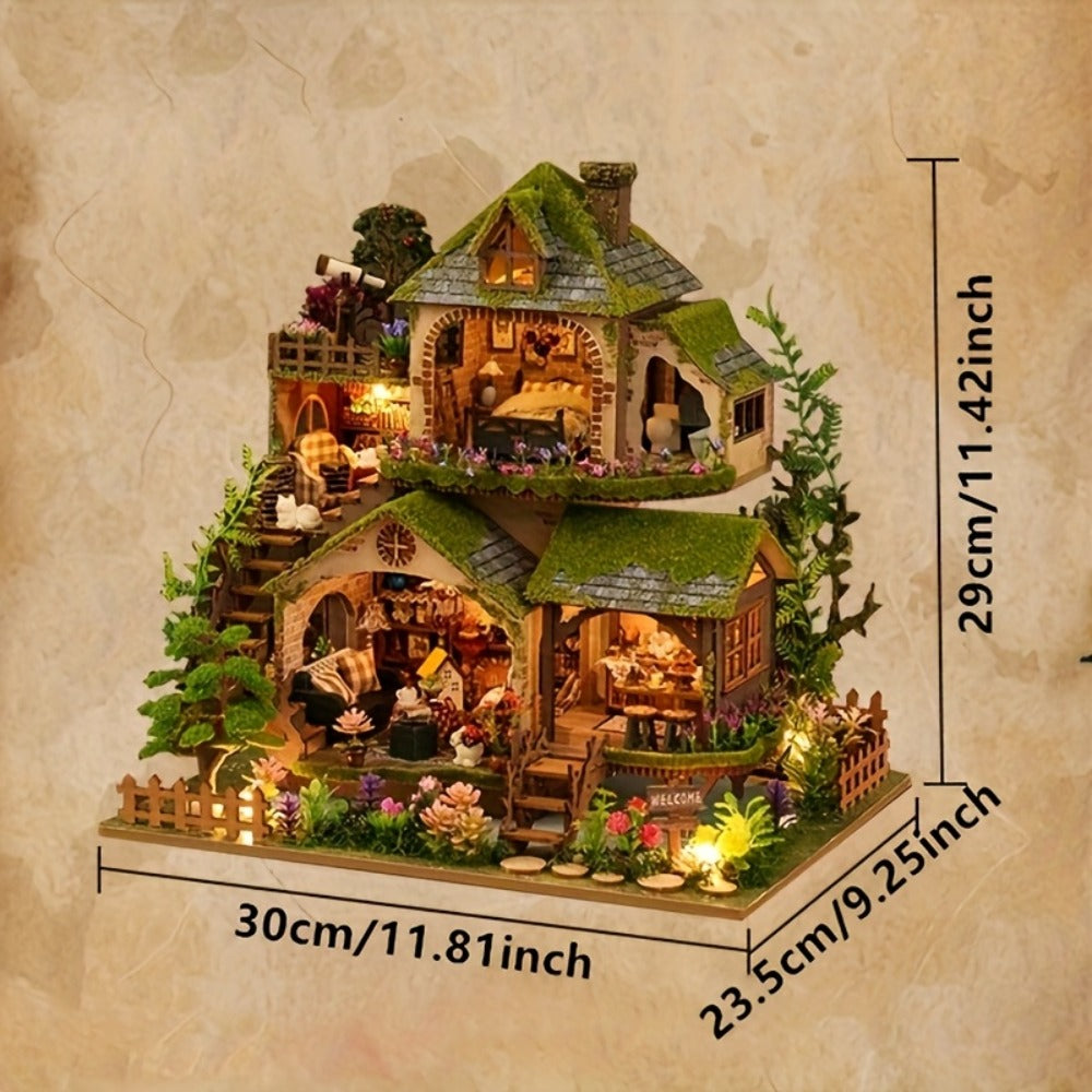 Wooden Forest Hut Miniature Model Kit with Multi-Level Cabin Scene, Lighting Details and Forest Adventures Label