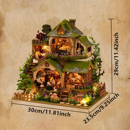 Wooden Forest Hut Miniature Model Kit with Multi-Level Cabin Scene, Lighting Details and Forest Adventures Label
