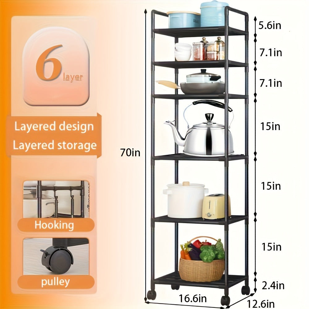 Six-Tier Narrow Metal Storage Shelf with Leveling Feet in Black or White for Kitchens and Pantries