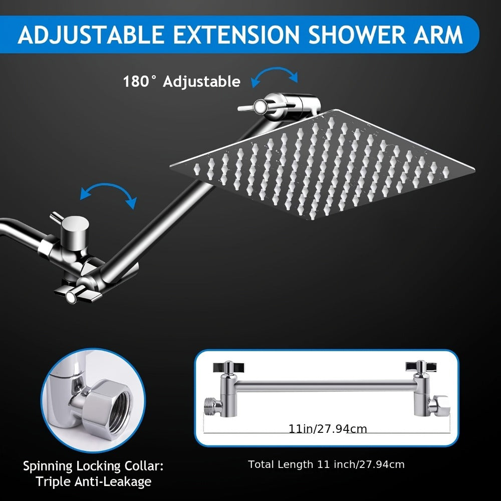 Rainfall and Handheld Shower Combo with 8-Inch Square Head, 11-Inch Extension Arm and Chrome Finish