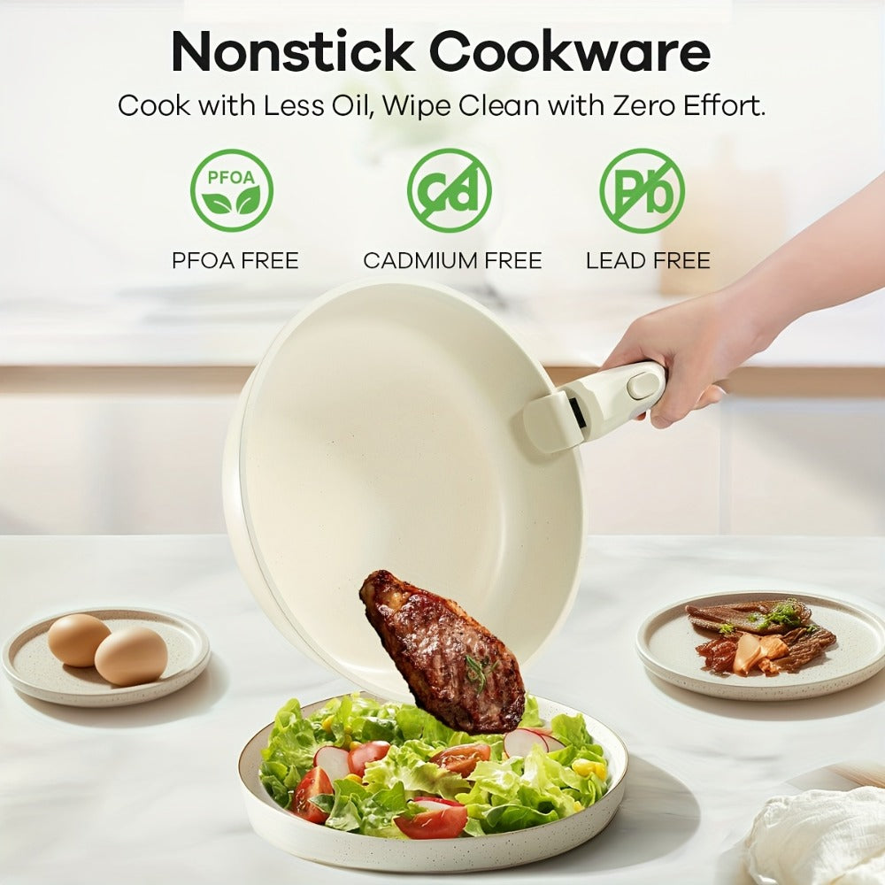 Cookware Set, 23- or 27-Piece Detachable-Handle Pots and Pans with Beige or Pink Finish, Induction, Oven and Dishwasher Use