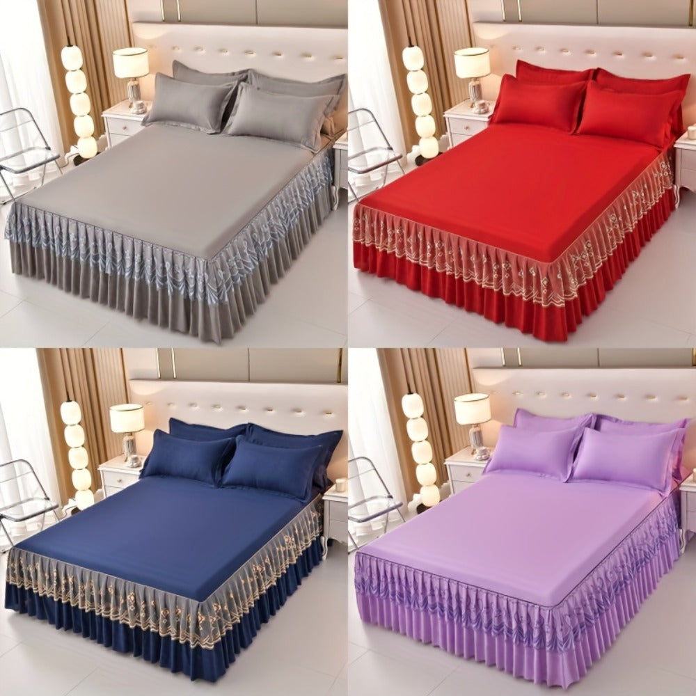 Macrame Lace Bed Skirt Set 3pcs – Double Layer Non-Slip Bed Skirt with 2 Pillowcases All Seasons Twin Full Queen King