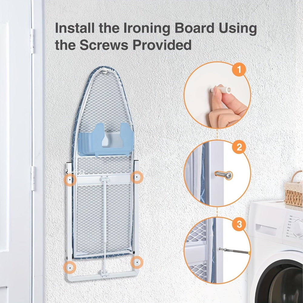Wall-Mounted Fold-Down Ironing Board with 36-by-12-Inch Surface in Light Blue or Blue Covers