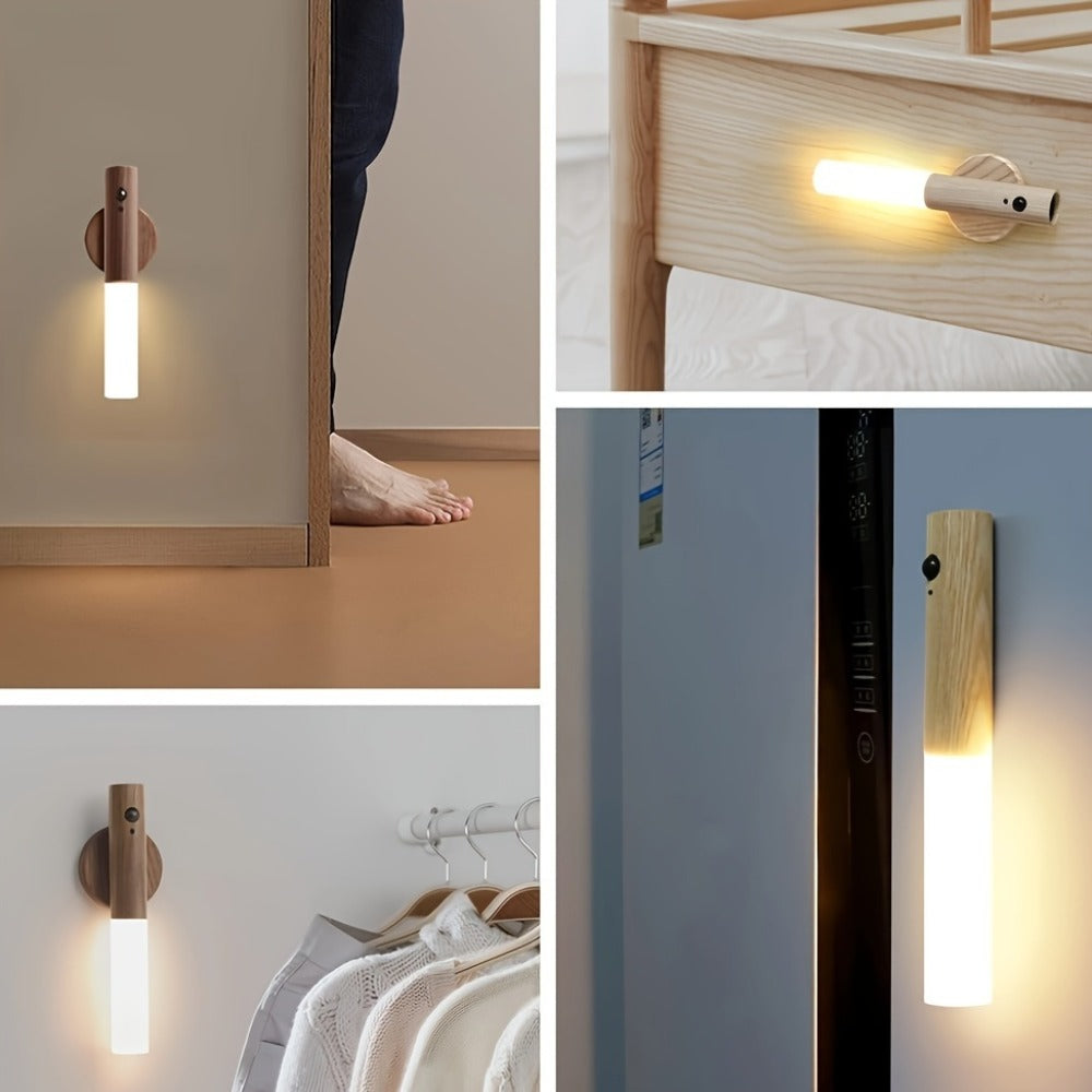 Night Light Motion Sensor Wall Lamp 2-Pack with USB Rechargeable Power, Magnetic Mount and Two Wood-Tone Finishes