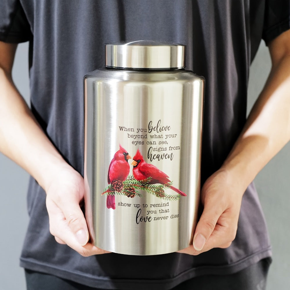 Cremation Urns for Human Ashes Large – Stainless Steel Memorial Urn Holds 220 lbs, Decorative Butterfly Cardinal Fairy Design, Screw Lid & Seal Ring, Velvet Pouch Included, Adult Funeral Keepsake Urn