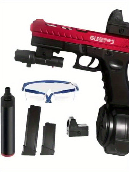 Compact Red-and-Black Electric Gel Blaster Set with Drum, Two Magazines, Sight, Goggles and USB Cable
