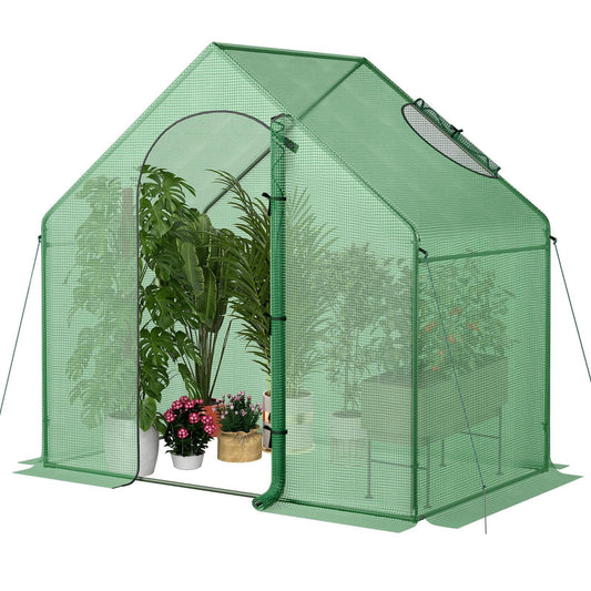 Walk-In Warm House Greenhouse 6x3x5.5ft with PE Grid Cover, Rustproof PE-Coated Metal Frame, Roll-Up Door & Top Vent Window, Portable Outdoor Hot House for Winter Garden, Green