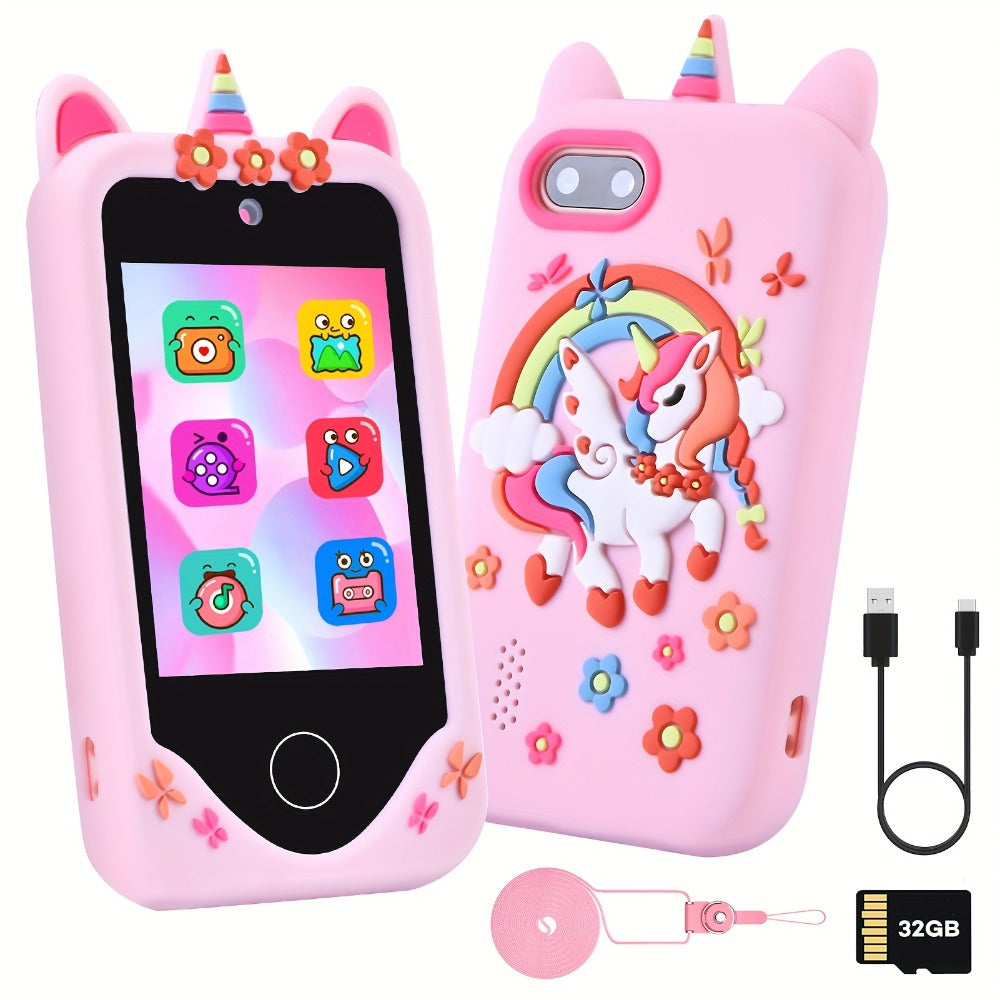 Unicorn Toy Phone in Pink or Purple with Dual Cameras, Touchscreen Interface and 32GB SD Card Label