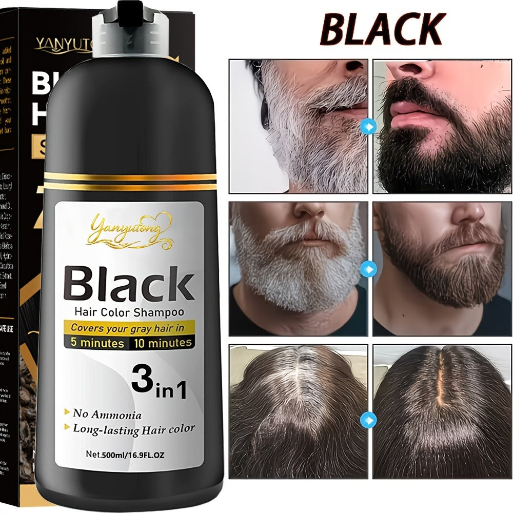 Black Hair Dye Shampoo for Men & Women 500ml — Natural Plant Pigments, Fast Gray Coverage for Hair & Beard, Gentle Scalp-Safe Formula, No Mix No Ammonia, Long-Lasting Color, 16.9 fl oz