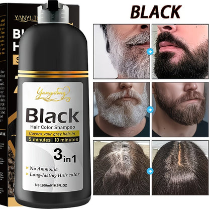 Black Hair Dye Shampoo for Men & Women 500ml — Natural Plant Pigments, Fast Gray Coverage for Hair & Beard, Gentle Scalp-Safe Formula, No Mix No Ammonia, Long-Lasting Color, 16.9 fl oz