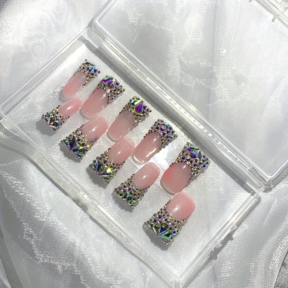 Press On Nails Duckbill French Tip AB Diamond Shiny Nude – Long Handmade Wearable Nail Set 10pcs with Tools for Wedding Party Date School S/M/L