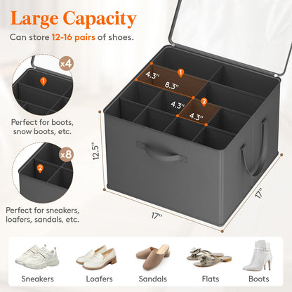 Shoe Storage Organizer with Clear Cover – Foldable Shoe Box for Closet, Fits 12-16 Pairs, Reinforced Handles, Dust-Proof Non-Woven Fabric, Space-Saving Stackable Design for Boots Heels Sneakers, 1/2/3 Pack