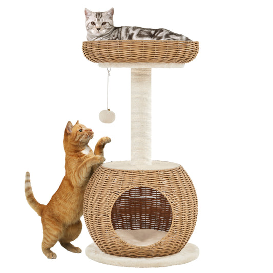 Cat Tree 29.5 Inch Rattan Cat House with Natural Sisal Scratching Post – Woven Cat Condo, Soft Cushion Perch, Hanging Bell Toy, Luxury Cat Furniture for Small to Medium Cats, Beige