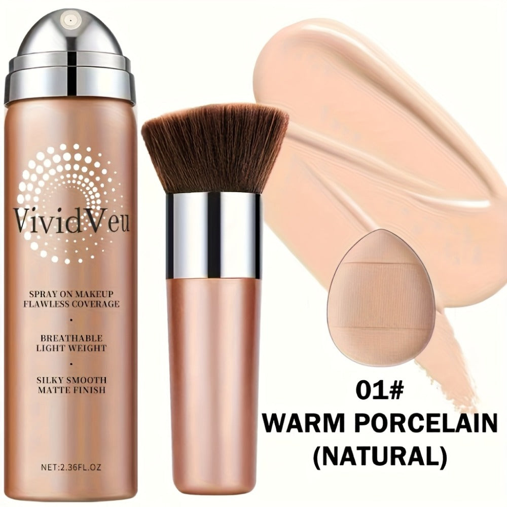 Spray-On Liquid Foundation Bottle with Matching Face Brush in Four Shades from Natural to Porcelain