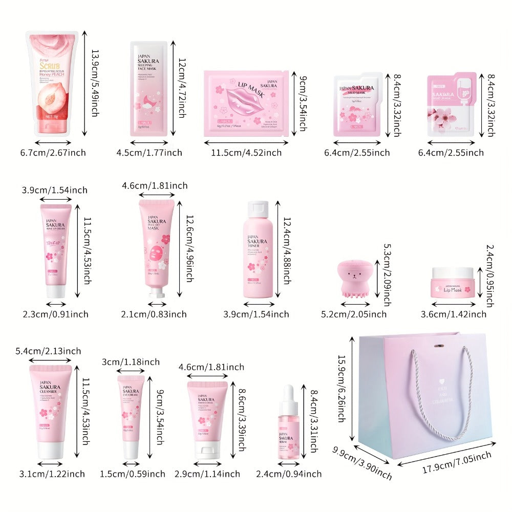 Hyaluronic Acid Sakura Skincare Set 30pcs Gentle Cleansing Deep Moisturizing Hydrating Facial Eye Care with Cleansing Brush Hairband Luxury Gift for Women