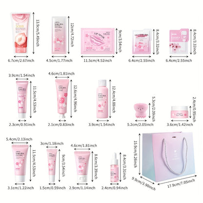 Hyaluronic Acid Sakura Skincare Set 30pcs Gentle Cleansing Deep Moisturizing Hydrating Facial Eye Care with Cleansing Brush Hairband Luxury Gift for Women