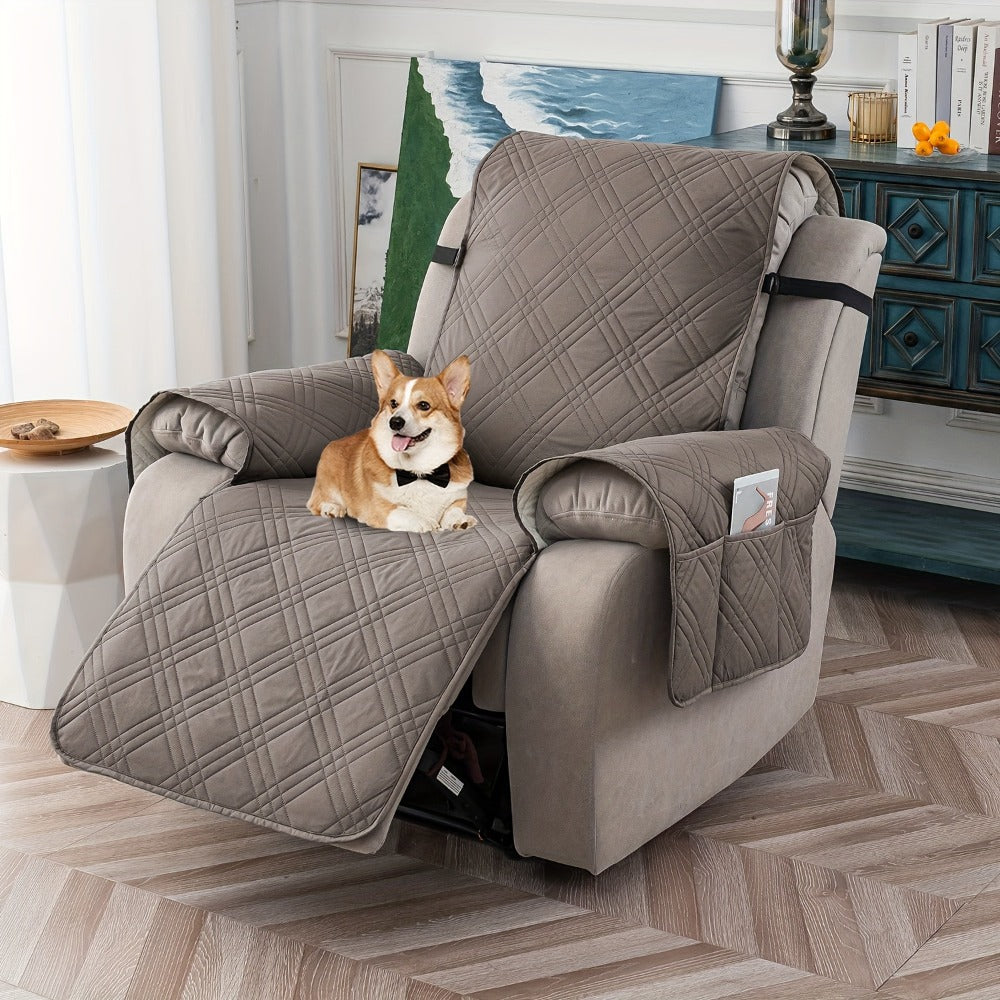 Chair Cover Quilted Recliner Throw with Side Pocket, Elastic Straps and Buckle in Ten Colors