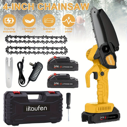 4-Inch Mini Cordless Chainsaw Kit in Yellow, Black or Blue with Two Batteries, Three Chains and Carry Case