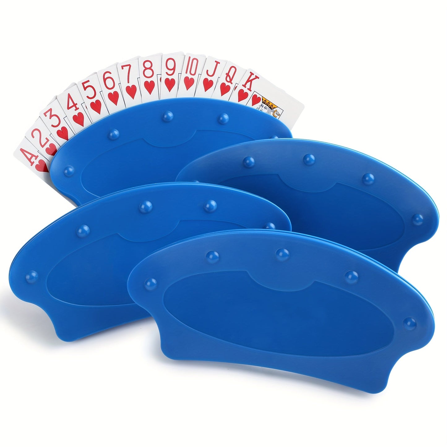 Four-Piece Blue Playing Card Holder Rack Set with Hands-Free Stands for Up to 15 Bridge or Poker Cards Each