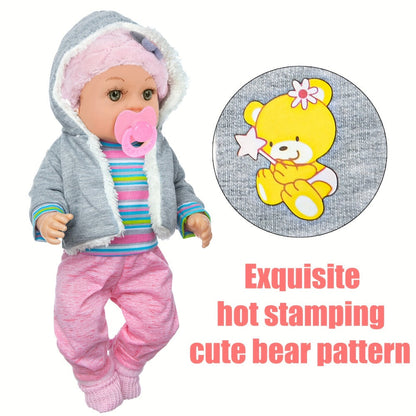 12-Inch Baby Doll Playset with Gray Coat, Pink Hat, Bottle, Pacifier, Socks and Three Tableware Pieces