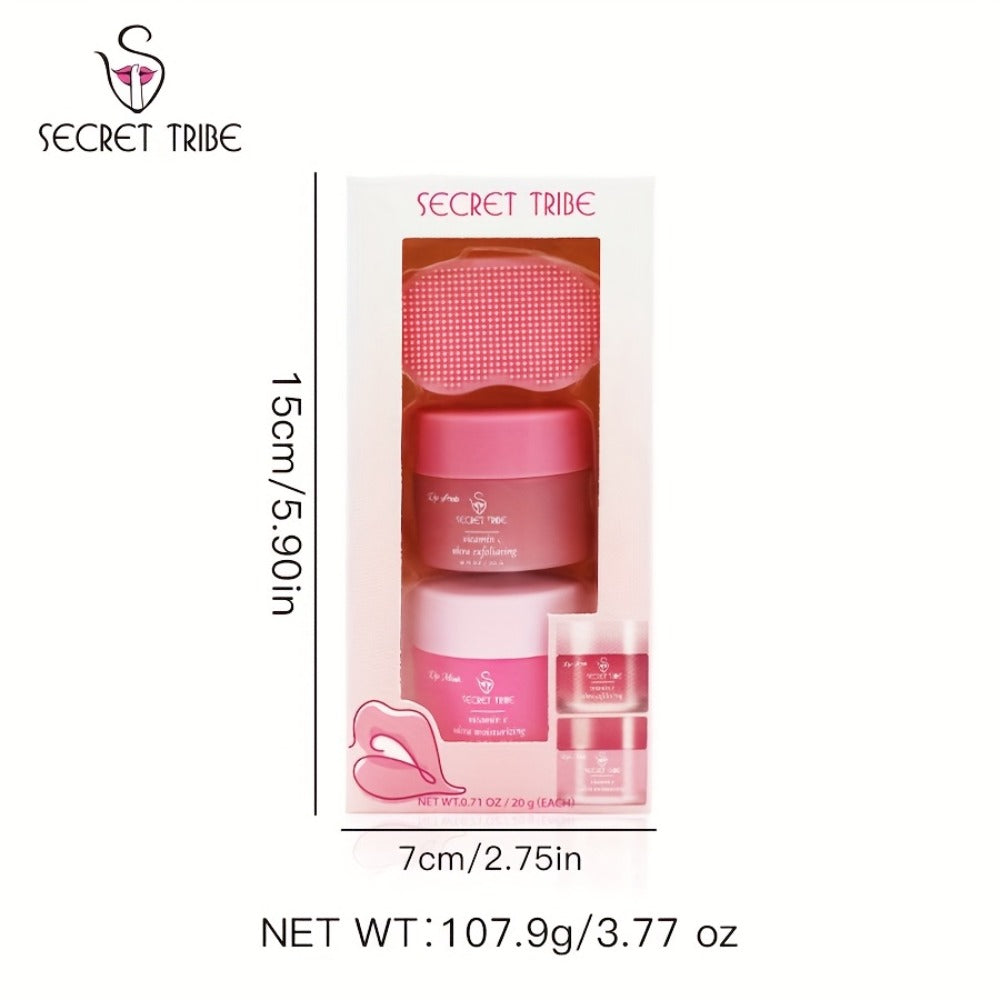 Three-Piece Lip Care Set with Lip Mask, Balm, Scrub and Brush in Strawberry and Peach-Labeled Format
