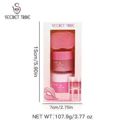 Three-Piece Lip Care Set with Lip Mask, Balm, Scrub and Brush in Strawberry and Peach-Labeled Format