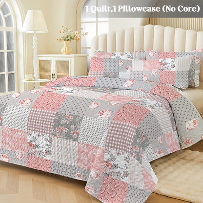 Floral Patchwork Quilt Set in Green, Blue, Grey Pink or Pink with Twin, Full/Queen and King Sizes