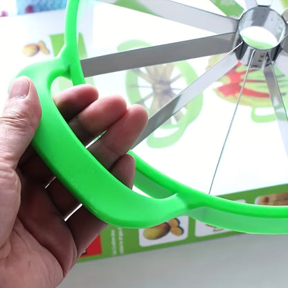 Round Watermelon Slicer Tool with Dual Green Handles, Central Coring Ring and Radial Metal Cutters