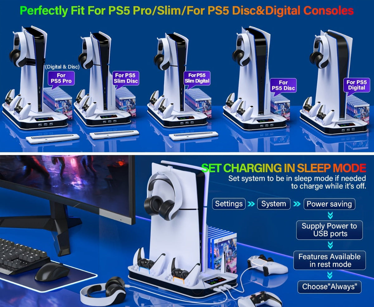 PS5 Cooling Station with USB Hub & Dual Controller Charging Dock for PS5/Slim/Pro, PlayStation 5 Stand Cooler with 3 USB Hubs