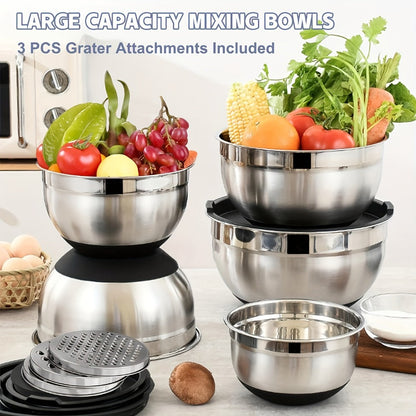8PCS/Set-Labeled Mixing Bowl Set with Black Lids, Nested Bowls and Three Removable Grater Inserts