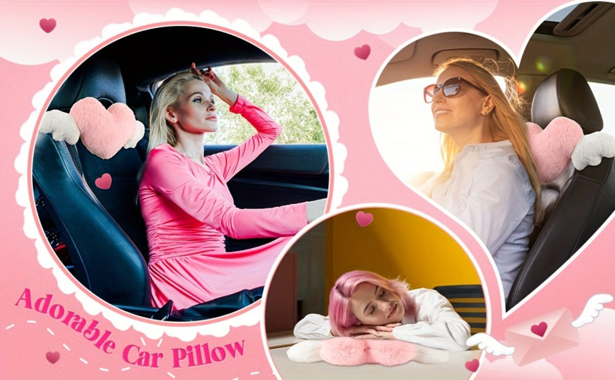 Car Headrest Neck Pillow Heart Shape with Angel Wings – Cute Plush Lumbar Cushion & Seat Back Pillow, Car Interior Decor Accessory, Gift for Women