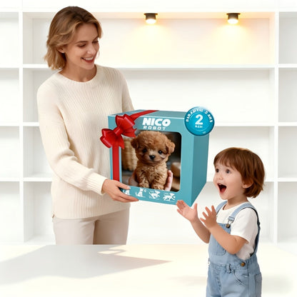 Brown Electronic Plush Puppy Toy with Walking, Barking and Tail-Motion Icons in a Single Boxed Option