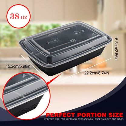 Meal Prep Containers 38oz Black Rectangular Disposable Bento Box Bulk Set - Stackable Leakproof Food Storage with Lids Microwave Dishwasher Freezer Safe for Takeout Catering Picnic Lunch