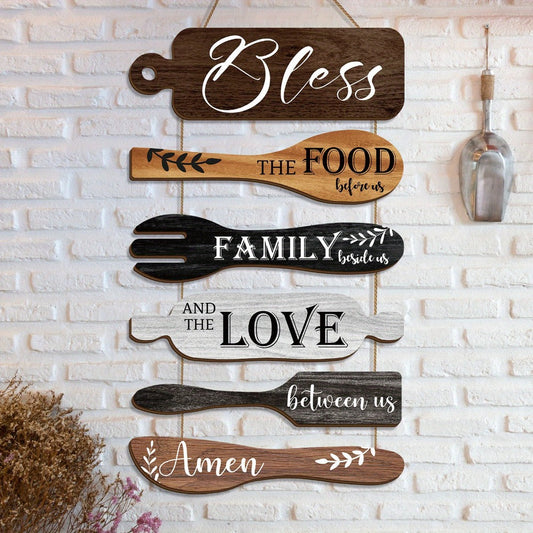 Farmhouse Wall Decor Wood Sign Set - "Bless The Food Before Us" Rustic Kitchen Dining Room Hanging Plaque, 6-Piece Rope Wood Board Art, Housewarming Thanksgiving Gift for Home