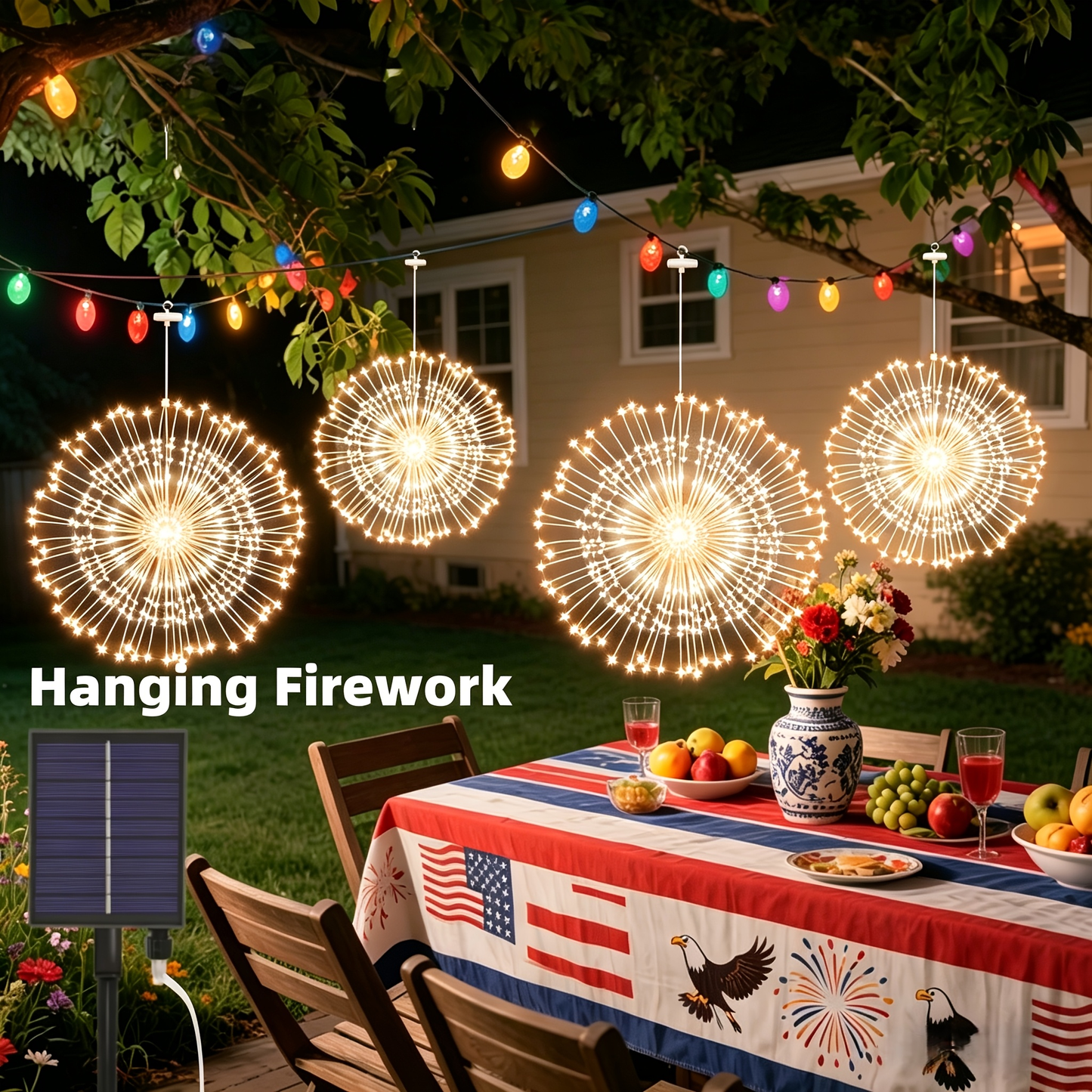 Solar Garden Lights 4-Pack Firework Stakes with 8 Modes in Warm White or Multicolor and Hanging Option
