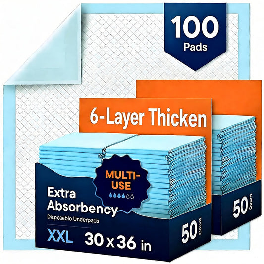Disposable Bed Pads Extra Large 30x36 Inch – 6-Layer Absorbent Leak-Proof Underpads for Adults, Seniors, Postpartum, Pets & Incontinence Care – 50 or 100 Pack