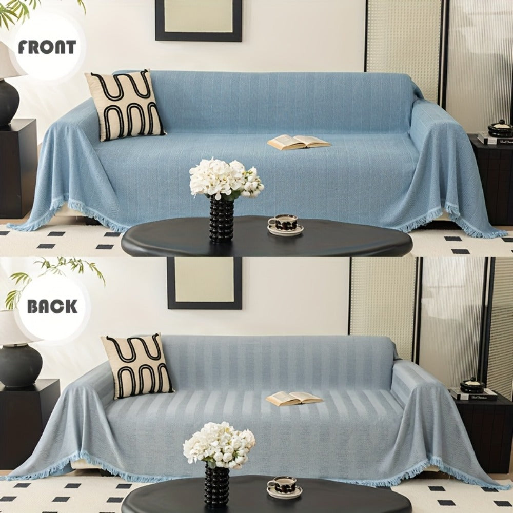 Sofa Cover 71-Inch Herringbone Jacquard Woven Throw with Tassel Fringe in Grey, Coffee, Green or Blue