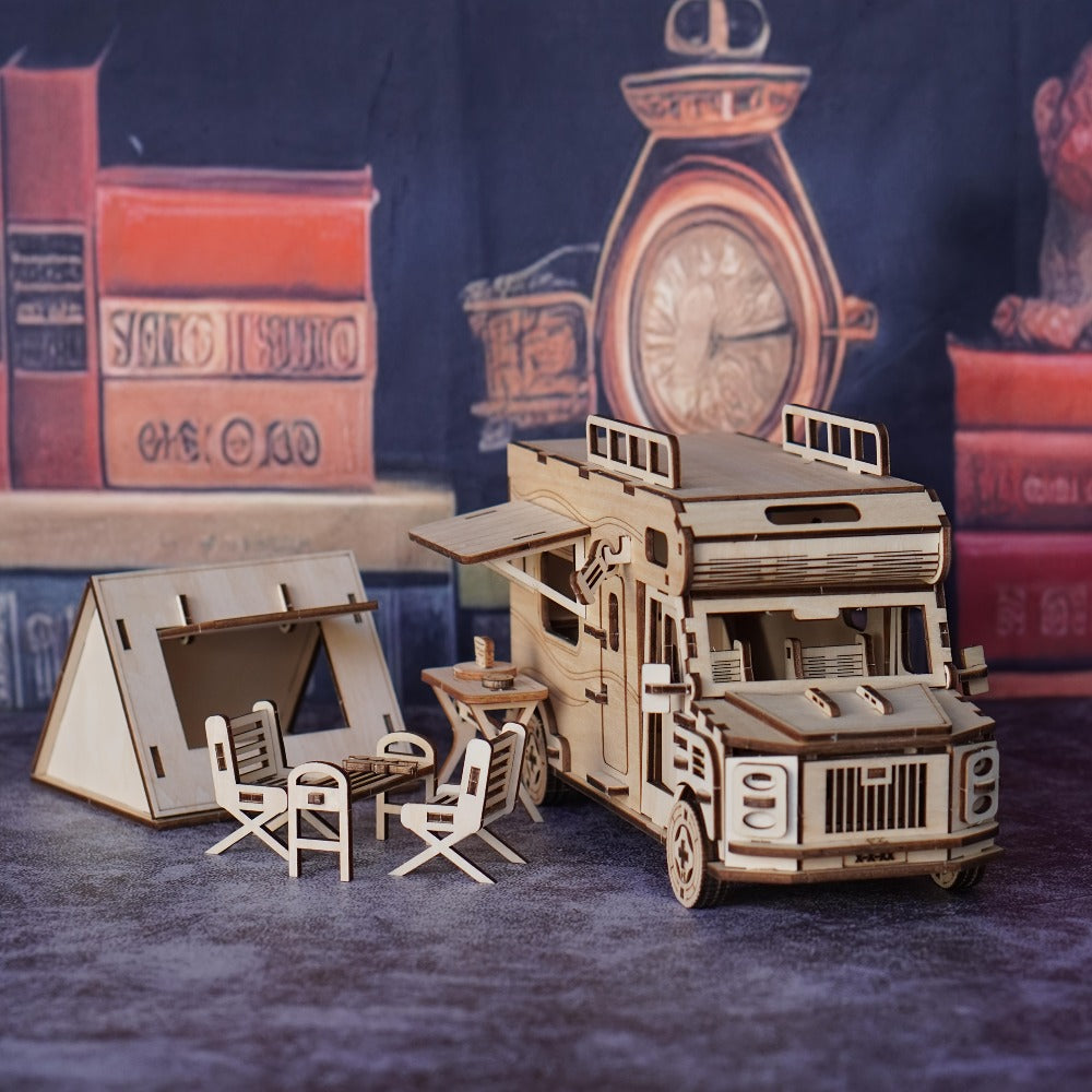 Wooden RV 3D Puzzle Model Kit with Motorhome Body, Fold-Out Side Panels and Miniature Camping Furniture