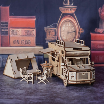 Wooden RV 3D Puzzle Model Kit with Motorhome Body, Fold-Out Side Panels and Miniature Camping Furniture