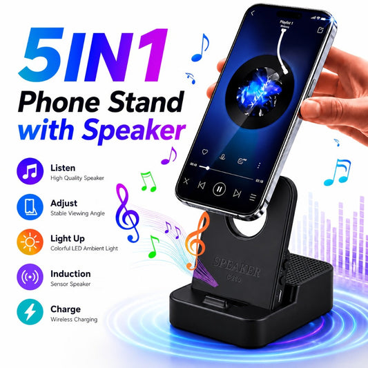 Magnetic Wireless Speaker Stand with Emergency Charging – 360° Adjustable Foldable Phone Holder, Portable Bluetooth Speaker, Compatible with iPhone & Android, for Home, Travel & Office