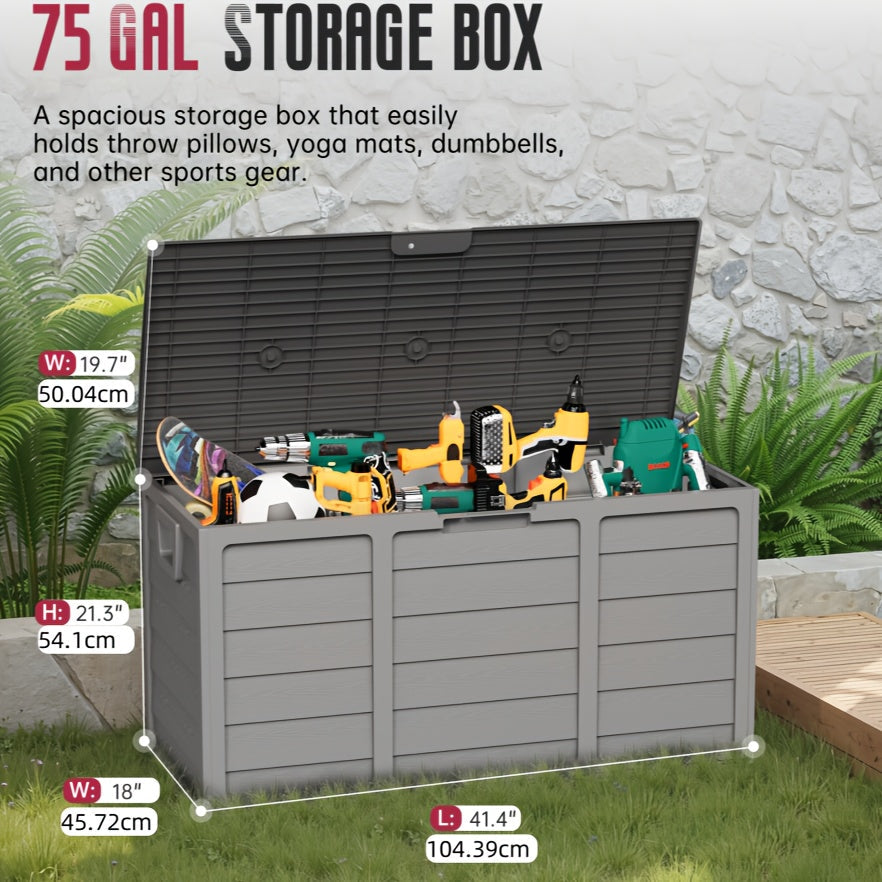 75-Gallon Low-Profile Outdoor Storage Box in Black with Hinged Lid, Side Handles and 41.4 x 18 x 21.3-Inch Size