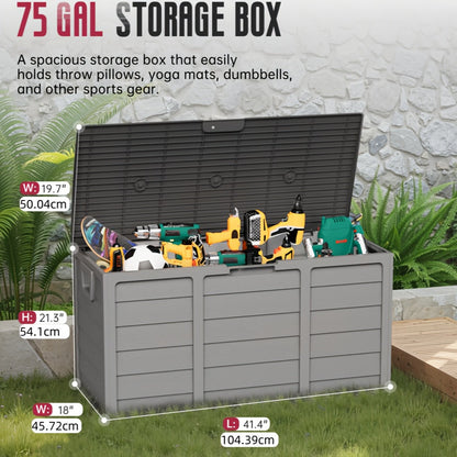 75-Gallon Low-Profile Outdoor Storage Box in Black with Hinged Lid, Side Handles and 41.4 x 18 x 21.3-Inch Size