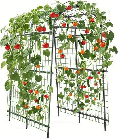 7.5-Foot Garden Arch Trellis with Metal Grid Panels, Seven Horizontal Pipes and Black Frame