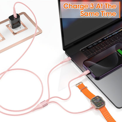24-Inch Pink Braided Charging Cable with USB-A Input, Lightning, USB-C and Magnetic Watch Pad
