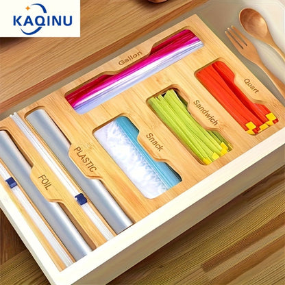 Foil and Bag Dispenser Kitchen Organizer 6-in-1 Bamboo Drawer Box with Built-In Cutter for Home Storage